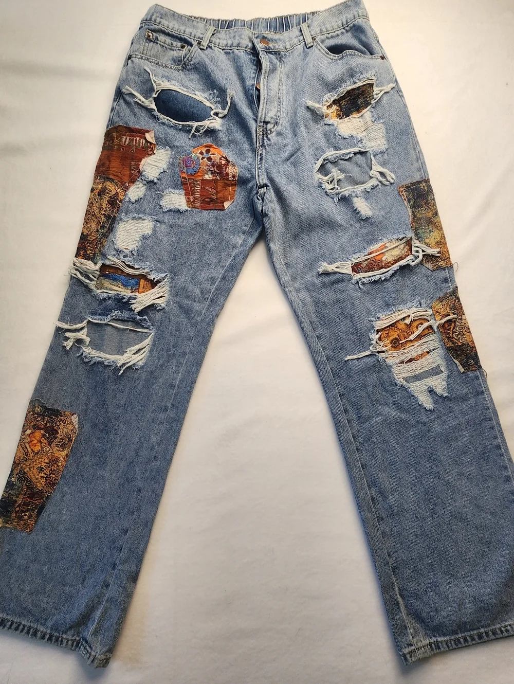 OH! Vintage Patchwork Womens Jeans Hippie Festival Concert High Waist Size XL - Picture 1 of 12